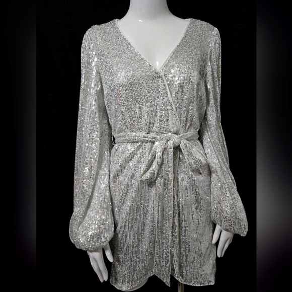 Silver Sequin Wrap Dress - Picture 1 of 3